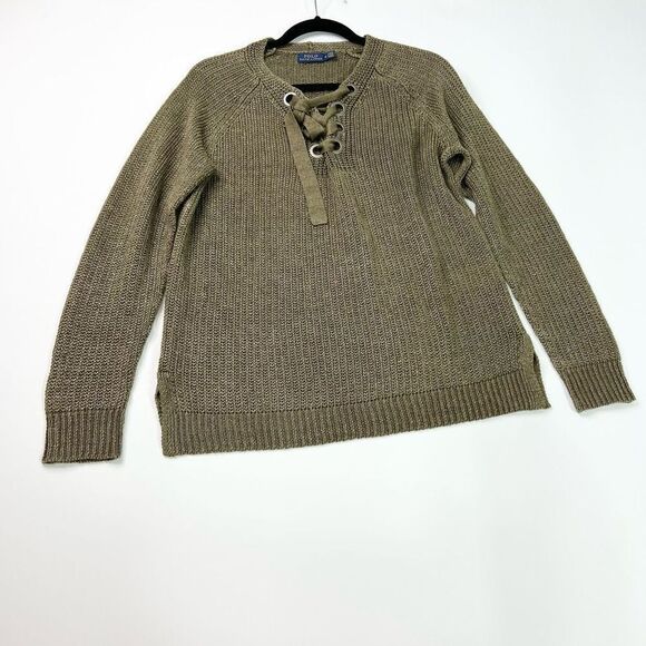 Ralph Lauren Polo Sweater Womens Medium Linen Open Knit Green Long Sleeve - Picture 1 of 9
